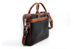 Buffalo Leather Briefcase - The Treviso - Onyx Black with Terra Tan Trims soft leather briefcase handmade in Italy by Borlino.