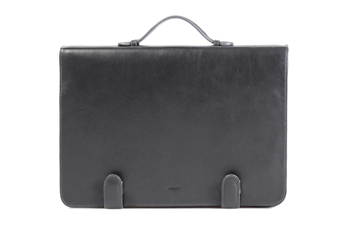 Gray Leather briefcase, Leather Briefcase, Soft Leather Briefcase, Borlino Briefolio, Executive Gray Leather Briefcase designed to carry into a boardroom or coffee shop. It lays flat on the table and creates a work space. 
