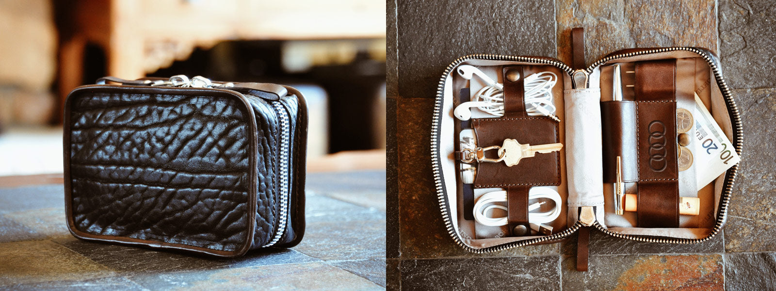 Borlino Tech and Travel Carrier Case for tech accessories from Italy made in Leather on a stone table.