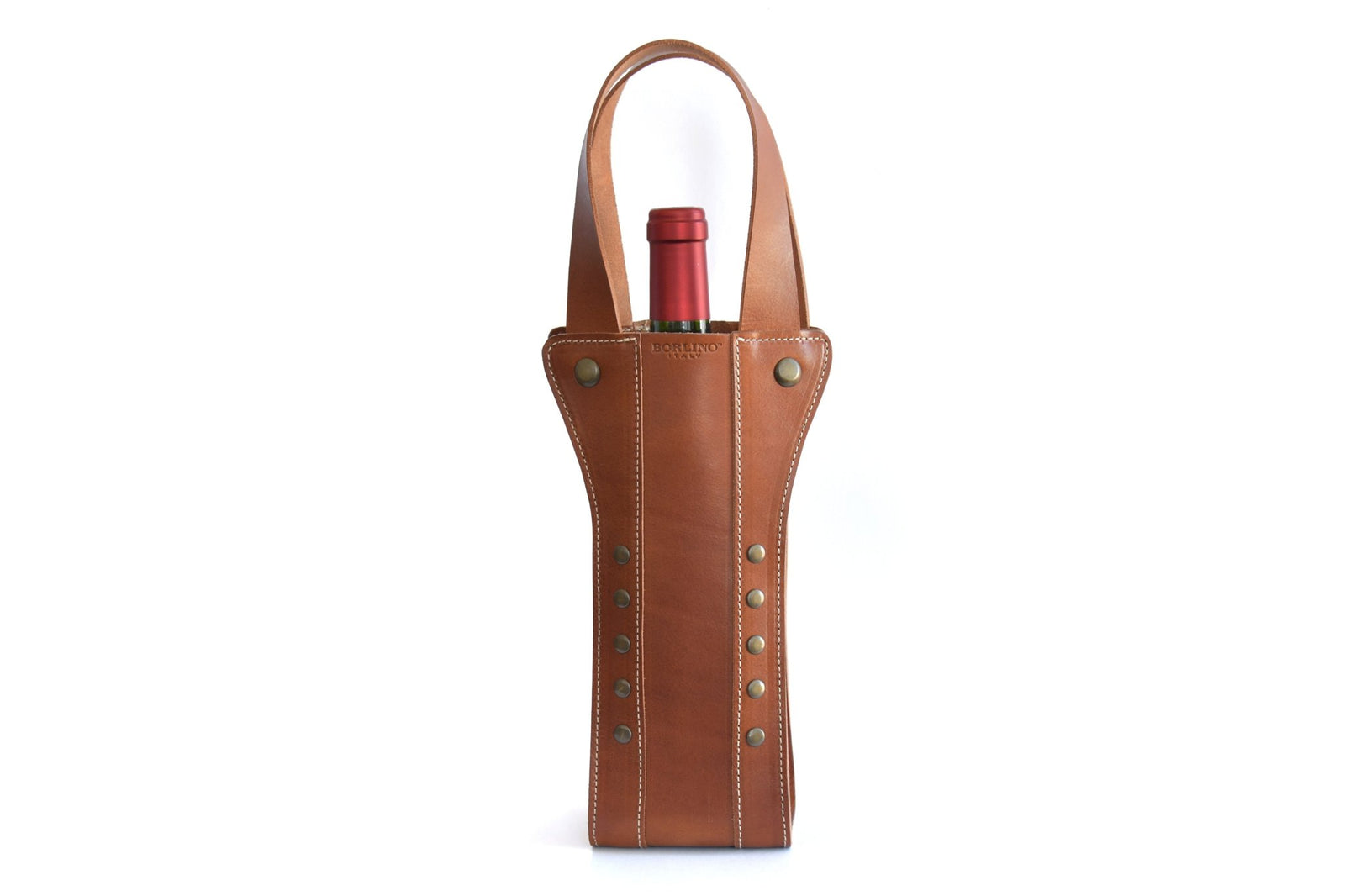 A front wine Italian Leather Wine Carrier - Made from Cow Vachetta Leathers - Color Terra -Tan by Borlino Italy