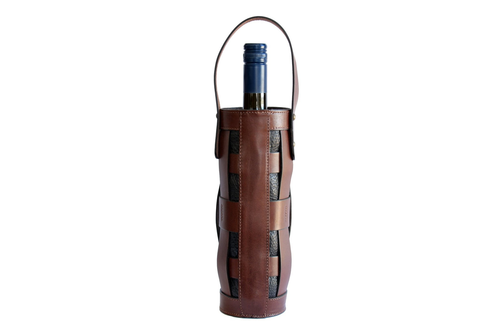 Back View of an Italian Leather Wine Carrier - Vachetta Leathers - Walnut/Onyx - Borlino