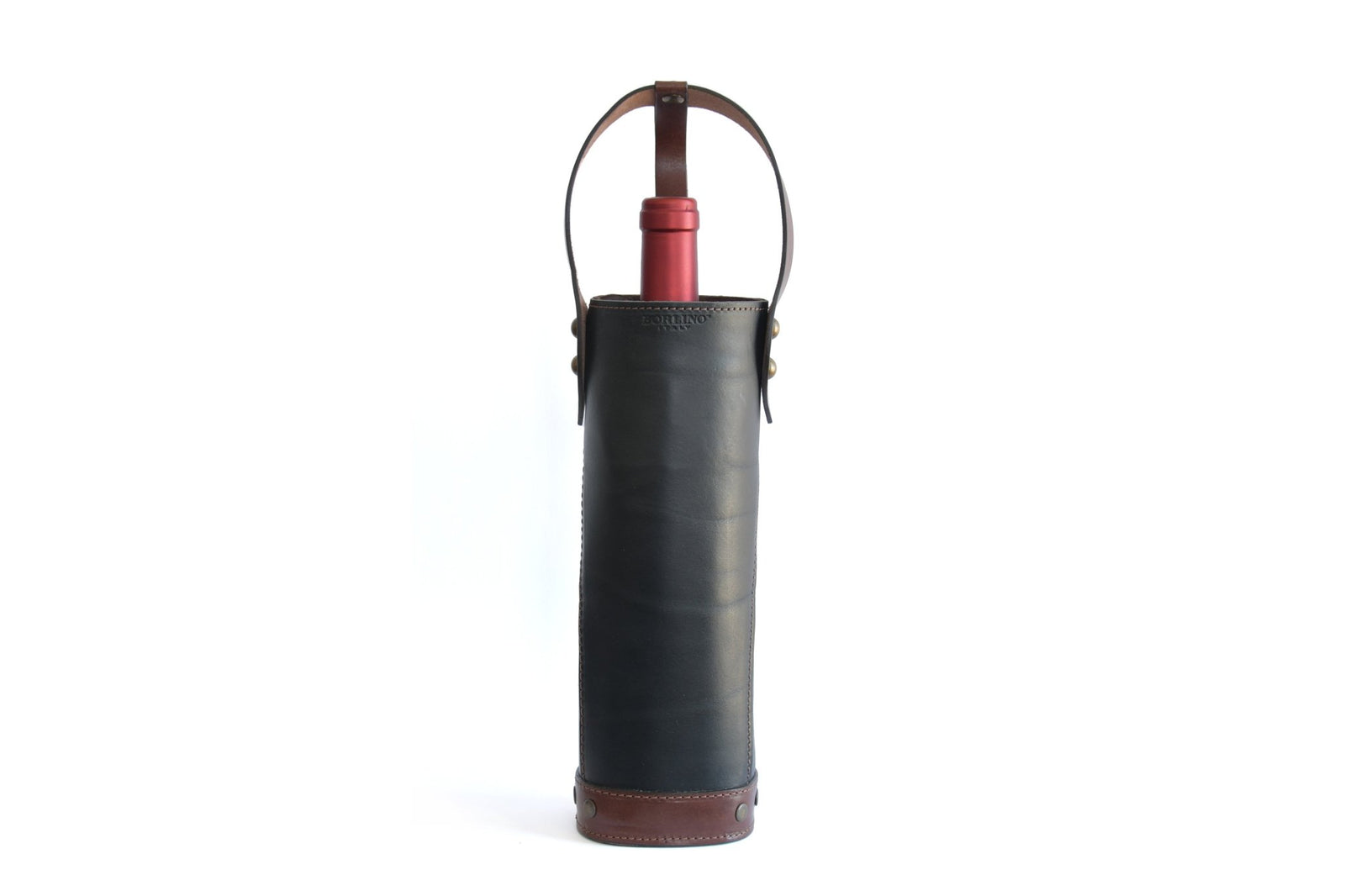 Italian Leather Wine Carrier - Vachetta Leathers - Walnut Brown and Onyx Black - Borlino