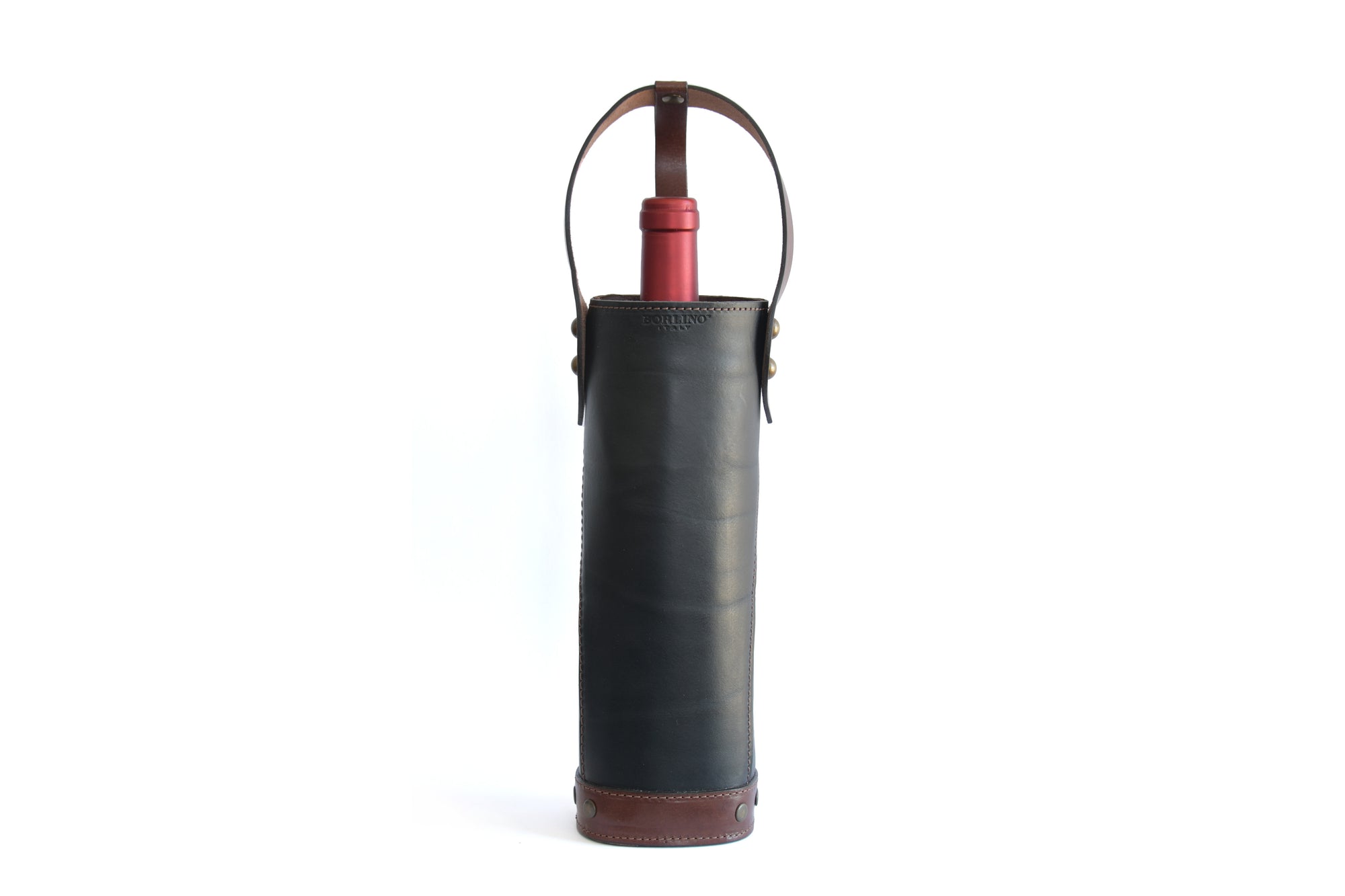Italian Leather Wine Carrier - Vachetta Leathers - Walnut Brown and Onyx Black