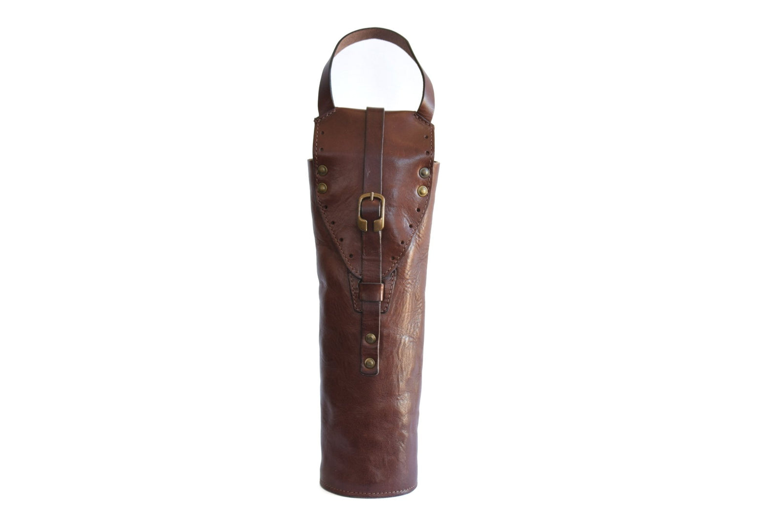 Front view of a ristic Italian Leather Wine Carrier - Vachetta Leathers - Walnut Brown on a white background - by Borlino