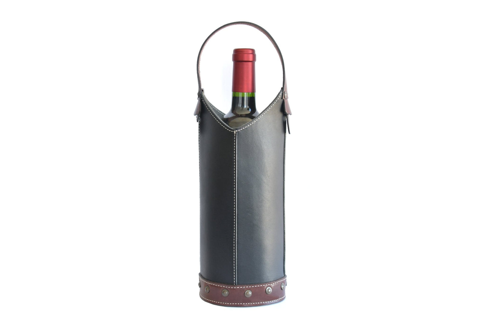 Italian Leather Wine Carrier - Vachetta Leathers - Walnut Brown Onyx Black - Borlino