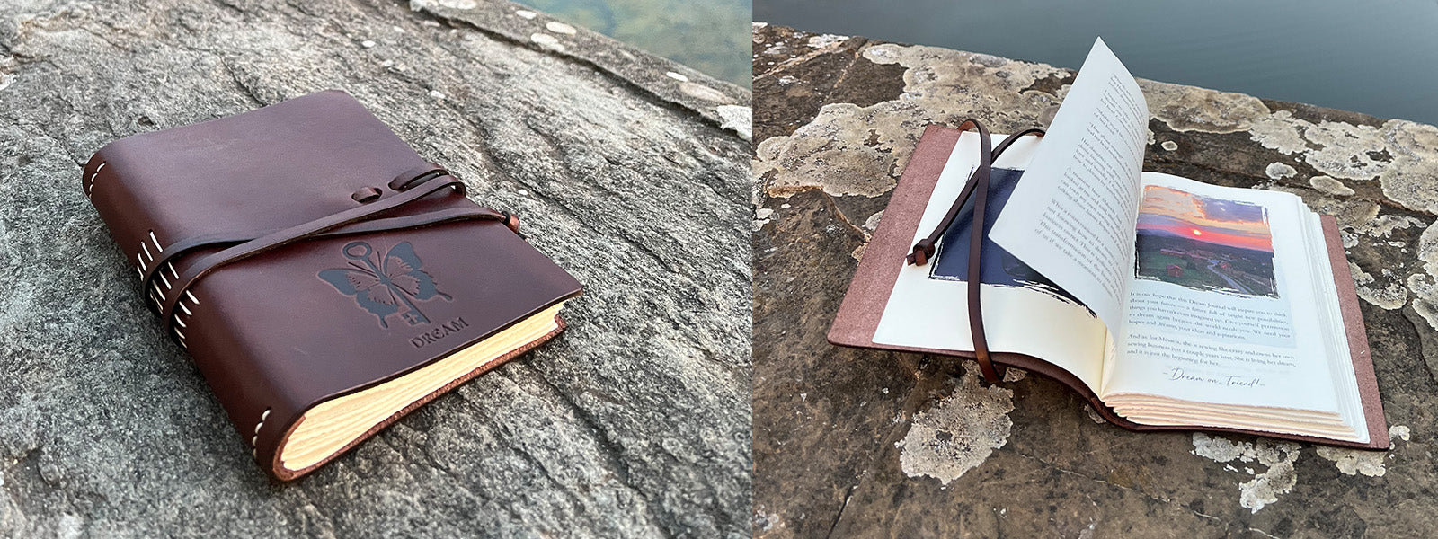 Handmade Italian leather journal with wraparound strap for Uncaged.org by Borlino.com