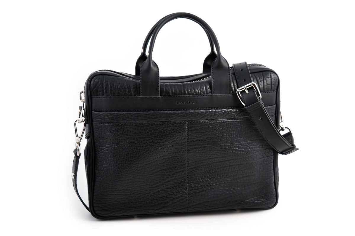 Buffalo Leather Briefcase - The Treviso - Onyx Black soft leather briefcase handmade in Italy by Borlino.