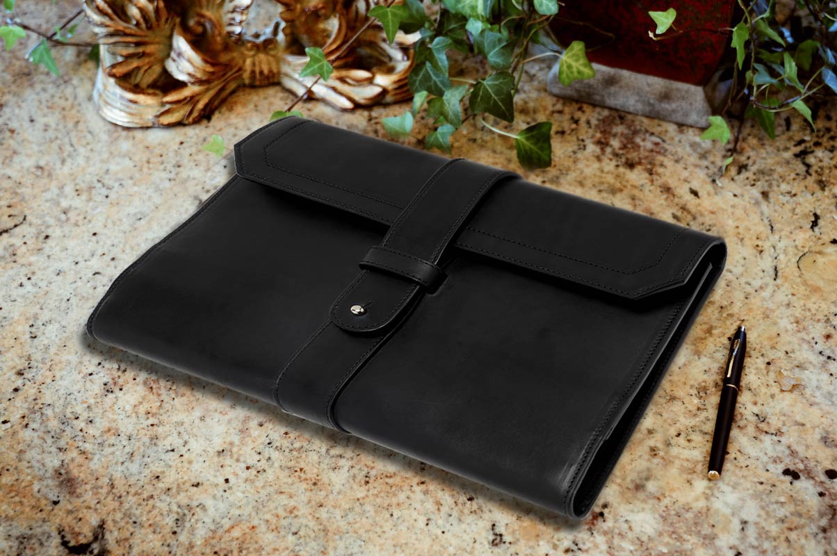 Italian Leather Handmade Post - Strap Brief Folio - Onyx Black - Borlino