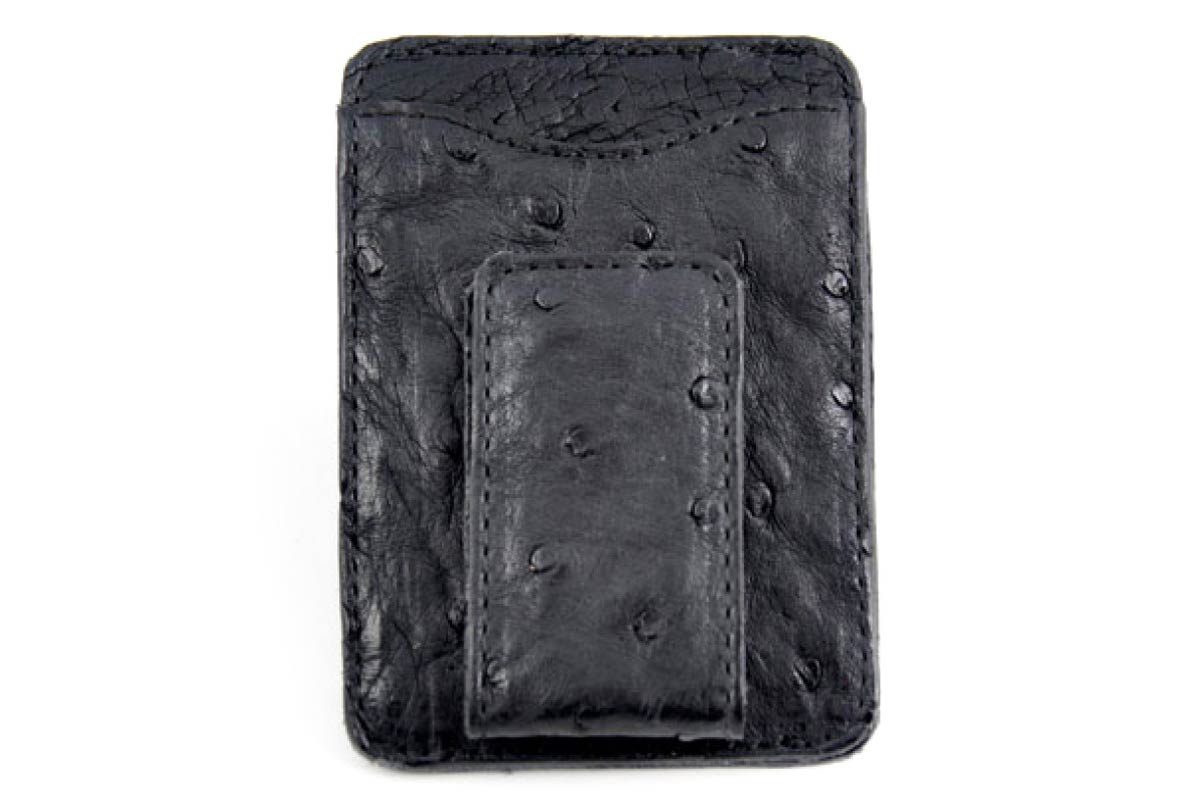 Leather Money Clip Wallet - Ostrich - Onyx Black - Borlino