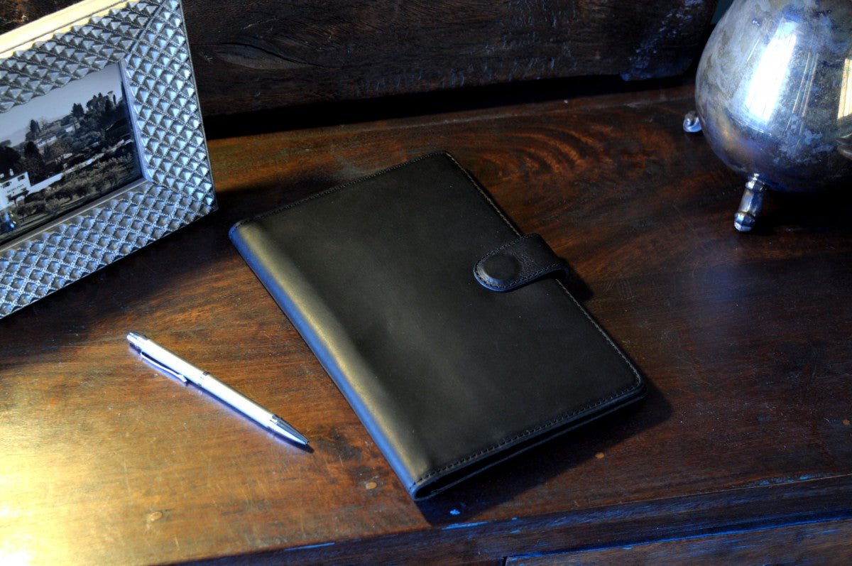 Italian Leather Padfolio Writing Journal w/Tablet Sleeve - Onyx Black - Borlino