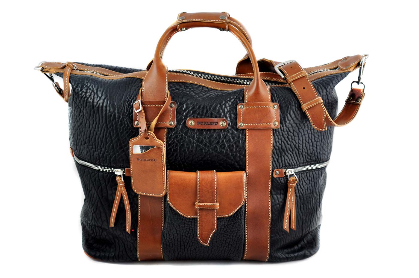 Leather Duffle - Hand-crafted of the finest Italian, vegetable-tanned Buffalo and Vachetta leathers, the Borlino Big Horn bag is great for a weekend getaway. It’s loaded with features and pockets inside and out. Easy to over pack. Borlino Italy. Onyx-Terra Tan.