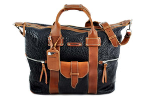 Leather Duffle - Hand-crafted of the finest Italian, vegetable-tanned Buffalo and Vachetta leathers, the Borlino Big Horn bag is great for a weekend getaway. It’s loaded with features and pockets inside and out. Easy to over pack. Borlino Italy. Onyx-Terra Tan.