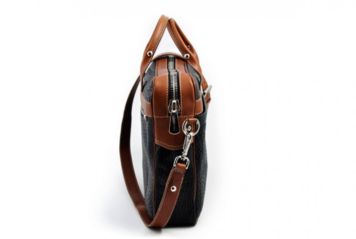 Buffalo Leather Briefcase Onyx Black with Terra Trim Treviso by Borlino Italy
