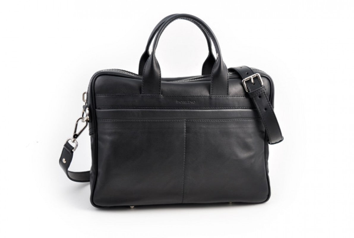Calf Leather Briefcase - The Treviso - Onyx Black soft leather briefcase handmade in Italy by Borlino.
