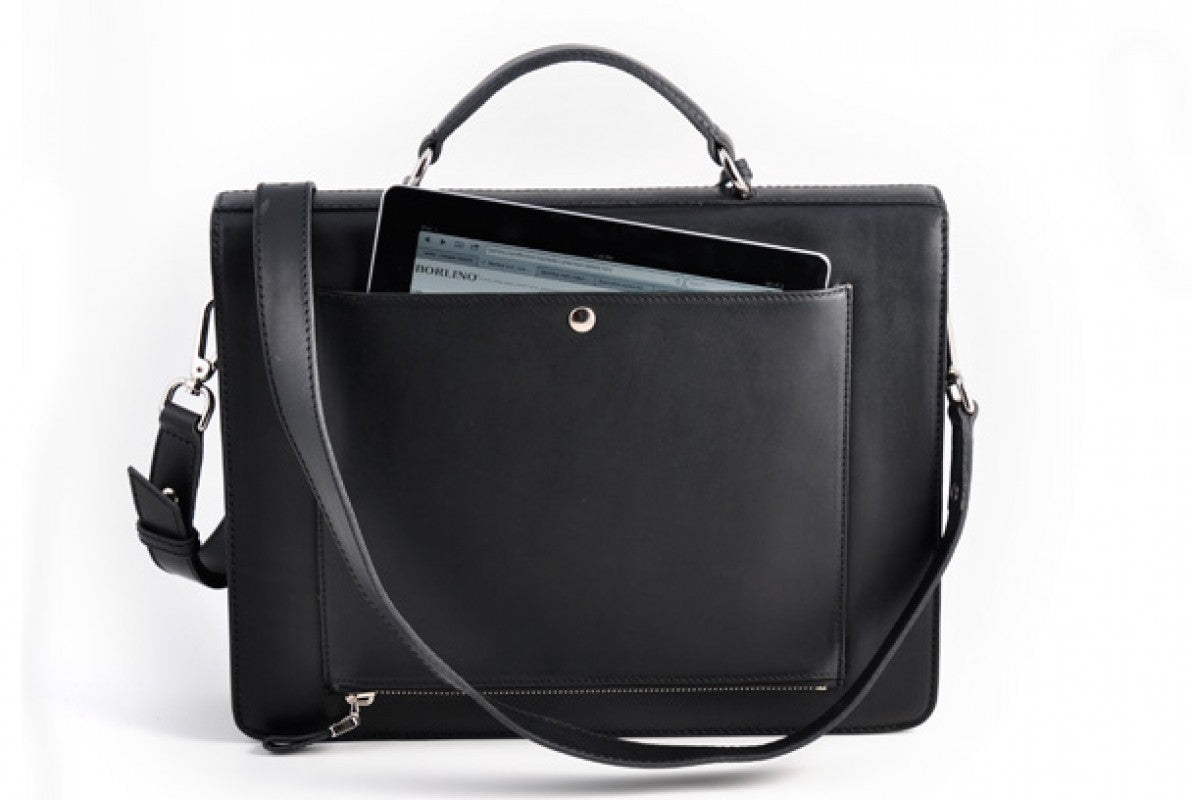 Leather Briefcase - The Forza - Ultra Slim - Onyx Black - Borlino
