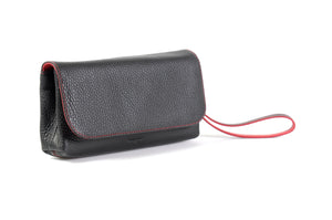 Clutch de cuero italiano hecho a mano - Roma - Negro ónix - Adornos en rojo lava