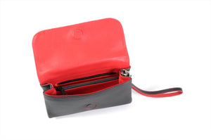Clutch de cuero italiano hecho a mano - Roma - Negro ónix - Adornos en rojo lava