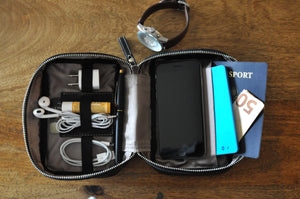 Tech Kit, tech case, tech bag, Handmade, Calf Leather, Carryall, Onyx