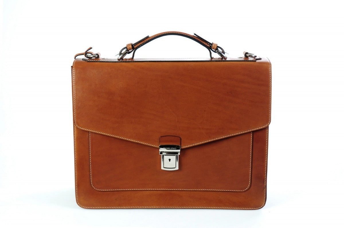 This strong leather double-gusset, key-locking briefcase is made with perfection in every detail. Handmade in Italy by Borlino of the finest Italian vegetable-tanned leathers and metals. Terra Tan Leathers.