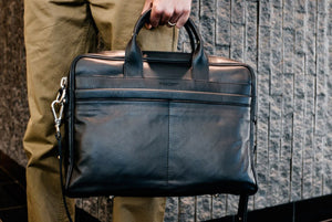 Calf Leather Briefcase - The Treviso - Onyx Black soft leather briefcase handmade in Italy by Borlino.