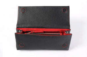 Clutch de cuero italiano hecho a mano - Rimini - Negro ónix - Adornos en rojo lava
