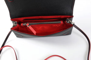 Clutch de cuero italiano hecho a mano - Rimini - Negro ónix - Adornos en rojo lava