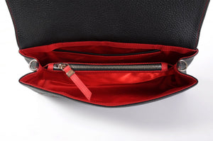Clutch de cuero italiano hecho a mano - Rimini - Negro ónix - Adornos en rojo lava