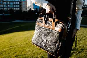 Buffalo Leather Briefcase - The Treviso - Onyx Black with Terra Tan Trims soft leather briefcase handmade in Italy by Borlino.